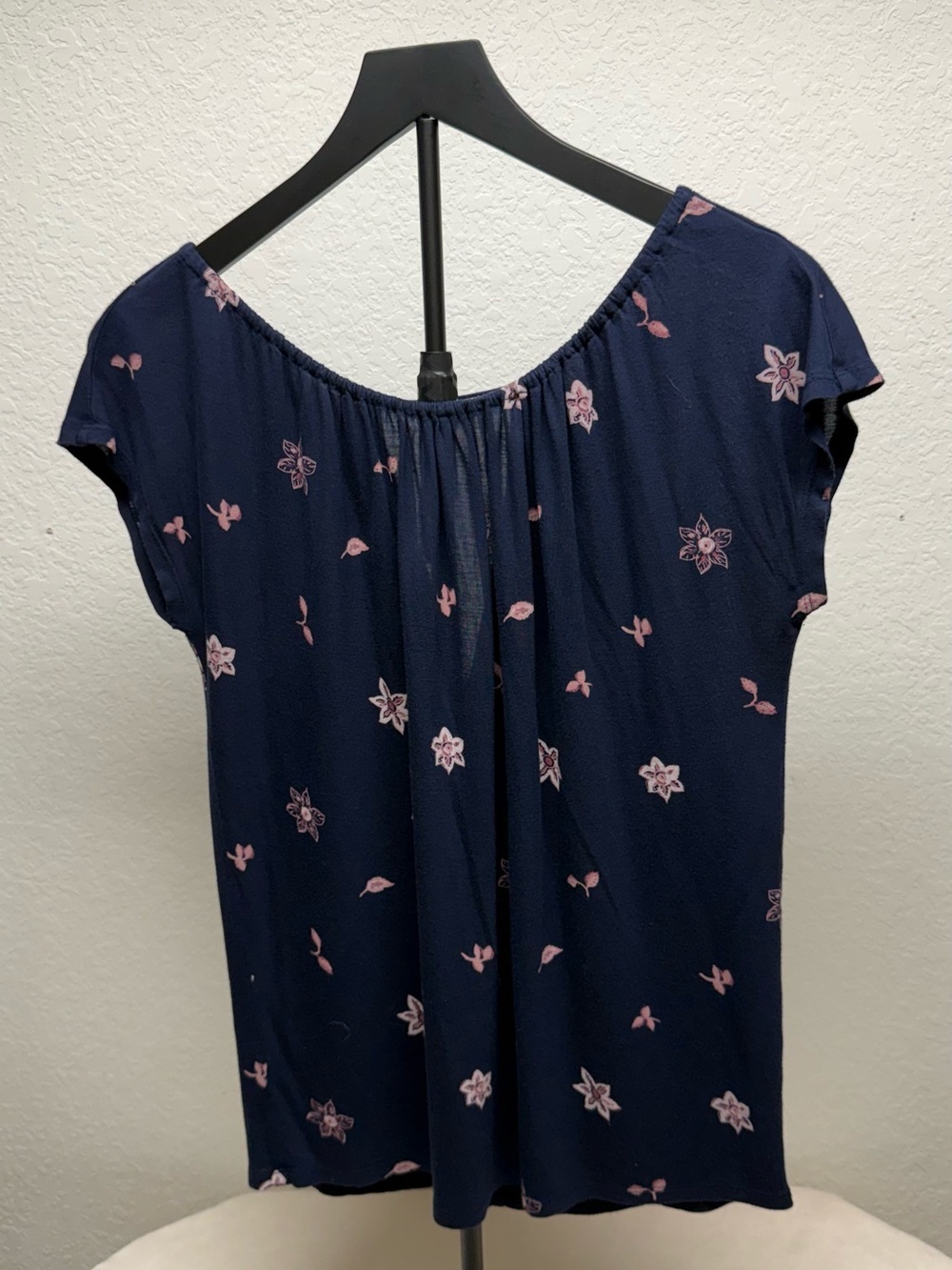 LOFT Navy Blouse with Pink Floral Accent